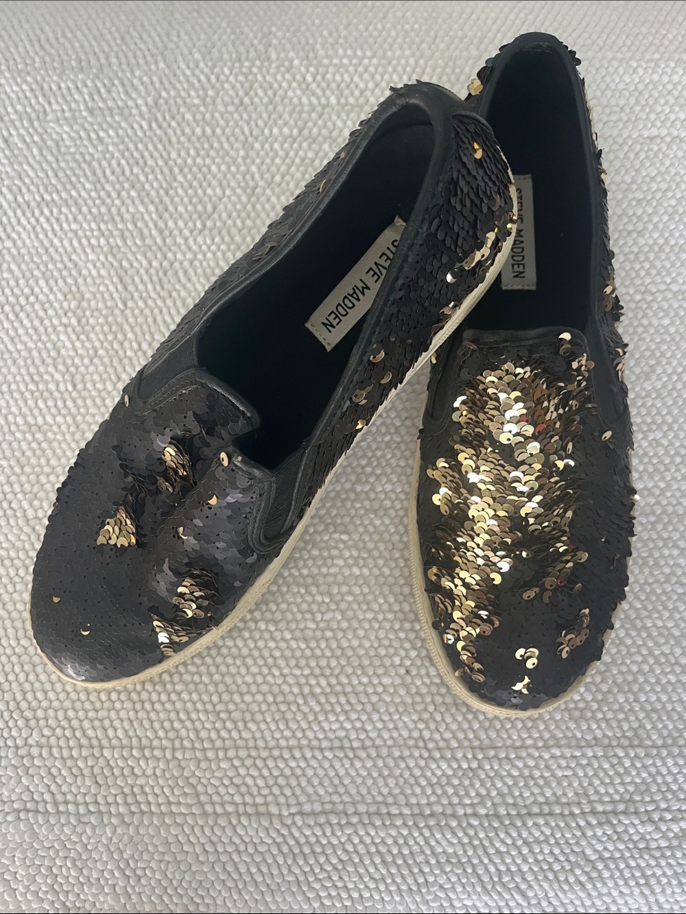 Steve Madden Black and Gold Sequin Loafers